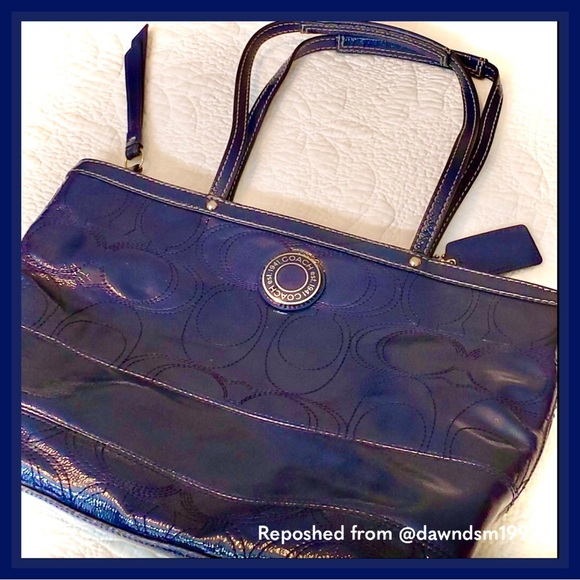 Coach Patent Marine Navy Blue Leather Logo Mini Tote Purse - Picture 5 of 16